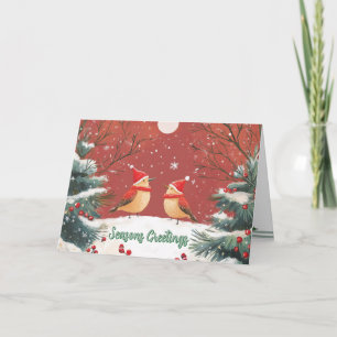 Christmas Birds in Hats Custom Folded Holiday Card