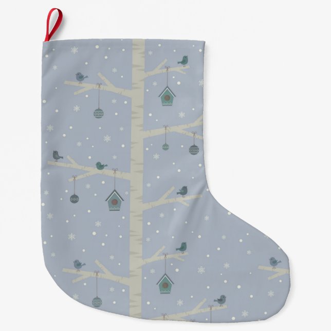 Christmas birds on forest tree in wintertime large christmas stocking (Front)
