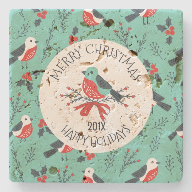 Christmas Birds Pattern Customisable Template Stone Coaster (Front)