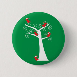 Christmas Birds Red in a Tree Santa Reindeer Green 6 Cm Round Badge