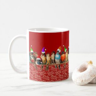 Christmas Birds Santa Hat Red Blue Green Coffee Mug