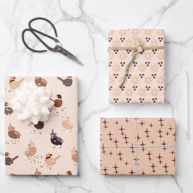 Christmas birds, stars and berries light brown wrapping paper sheet (Front)