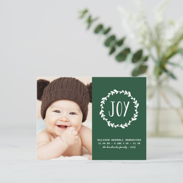 Christmas Birth Announcement Green Holiday Photo Postcard (Standing Front)