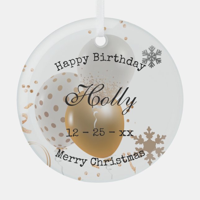 Christmas Birthday Balloons and Snowflakes Glass Tree Decoration (Front)