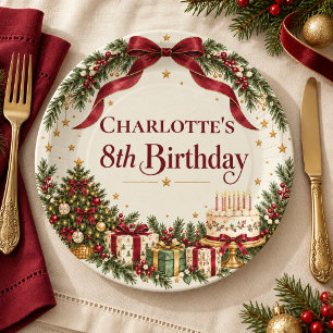Christmas Birthday Burgundy Bow & Tree Paper Plate