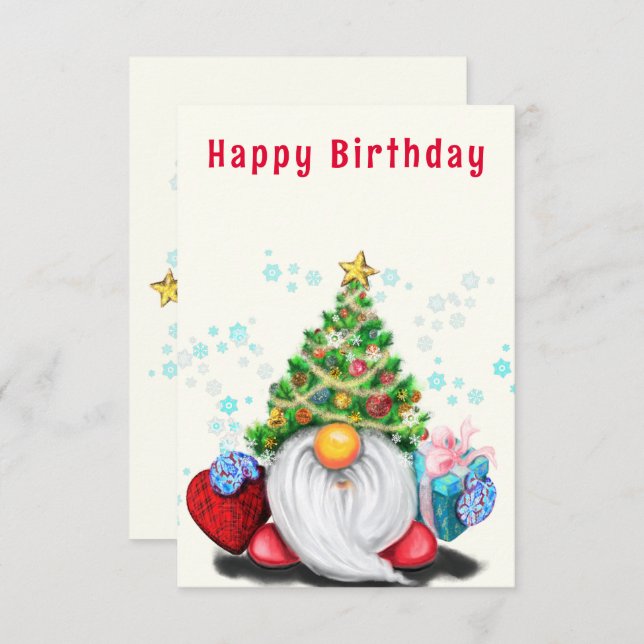 Christmas Birthday Card Cute Gnome with Gift (Front/Back)