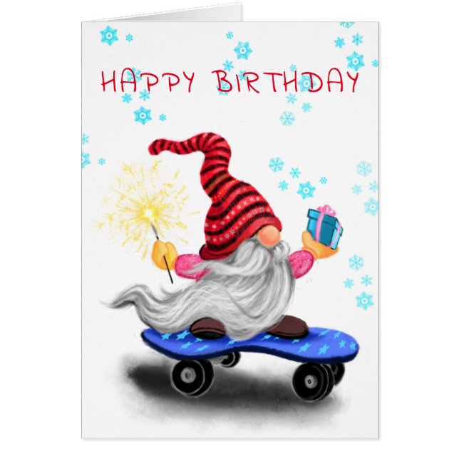 Christmas Birthday Card Skater Gnome with Gifts (Front)