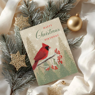 Christmas Birthday Cardinal Winter Trees Berries Card