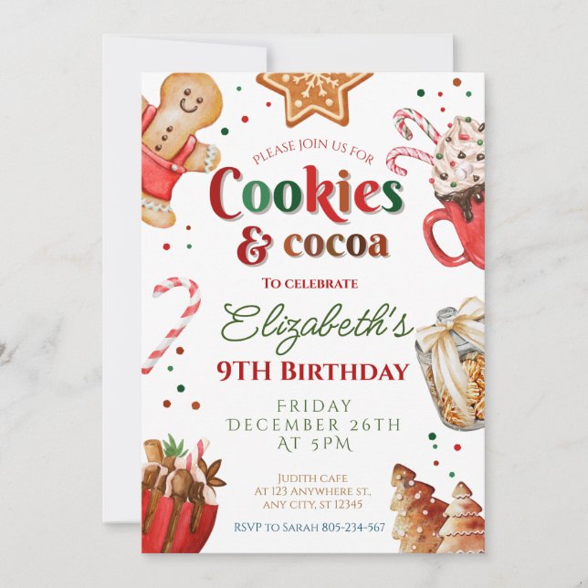 Christmas birthday cookies and cocoa Festive  Invitation (Front)