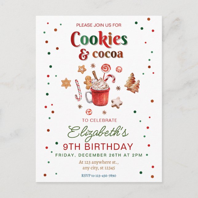 Christmas birthday cookies and cocoa Festive Postcard (Front)