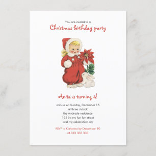 Christmas Birthday Cute Retro Girl Red Poinsettia Invitation