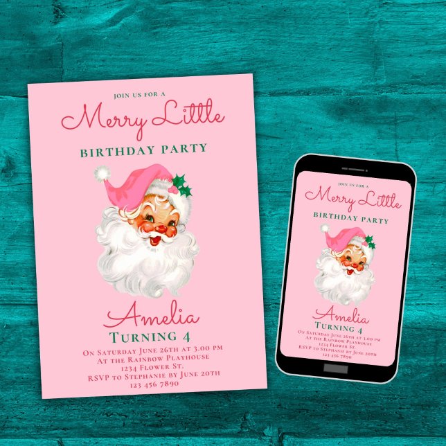 Christmas Birthday Invitation Pink Vintage Santa (Creator Uploaded)