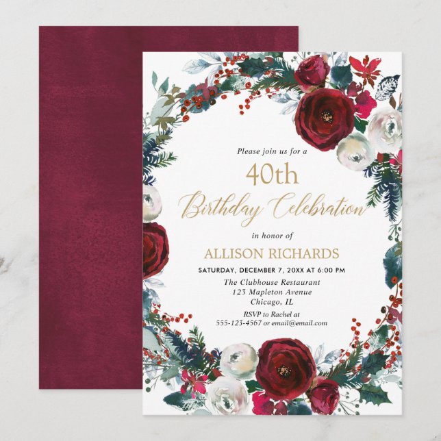 Christmas birthday party burgundy gold elegant invitation (Front/Back)
