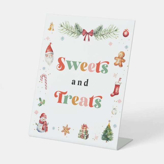Christmas Birthday Party Sweets And Treats Pedestal Sign (Front)