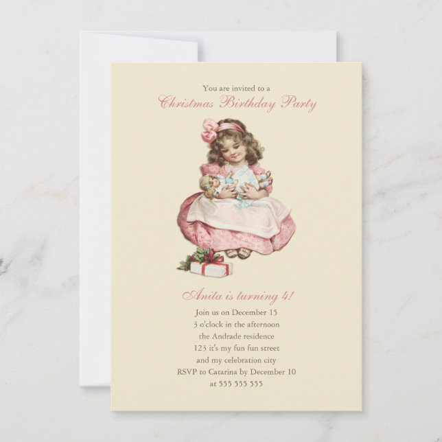 Christmas Birthday Party Vintage Cute Girl Pink Invitation (Front)