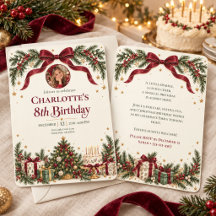 Christmas Birthday Photo Burgundy Bow Invitation