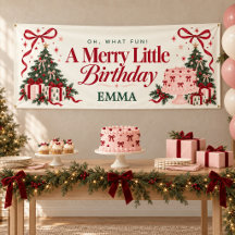 Christmas Birthday Pink Cake Bow Party Banner