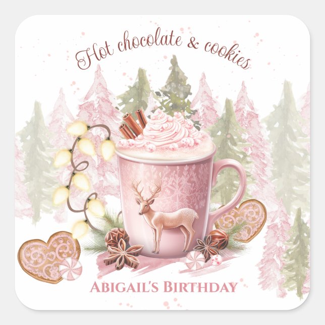 Christmas Birthday Pink Hot Chocolate Mug Sticker (Front)