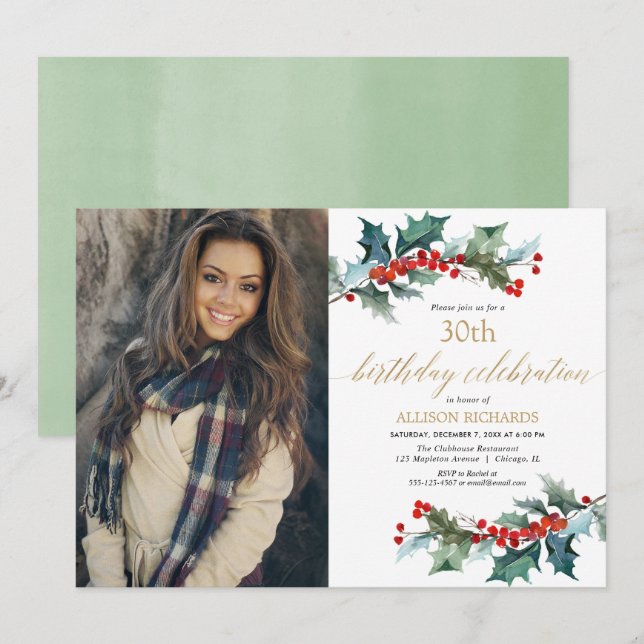 Christmas birthday red holly gold simple photo invitation (Front/Back)