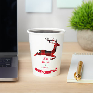 Christmas birthday reindeer buffalo plaid silueta paper cups