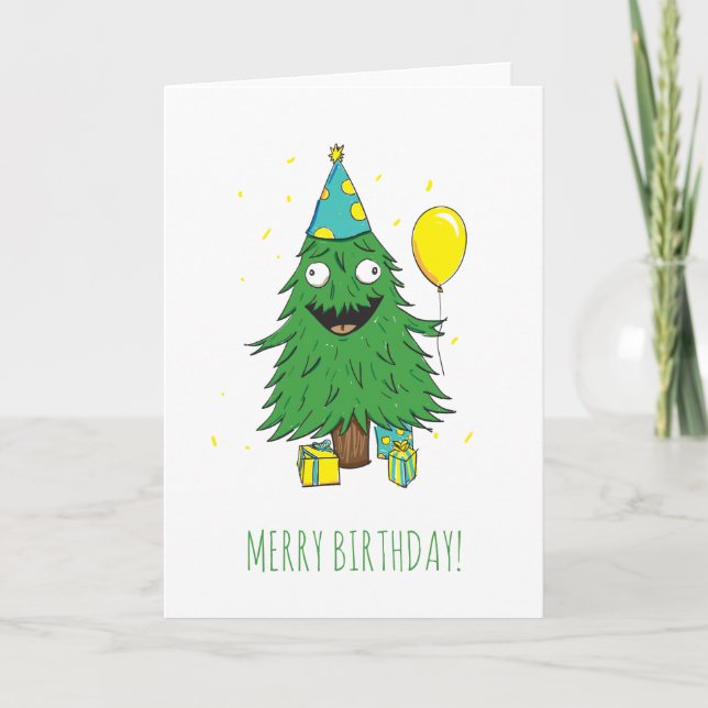 Christmas Birthday Tree Merry Birthday Card (Front)