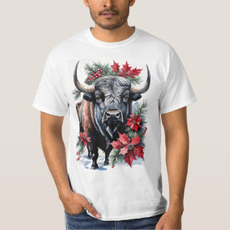 Christmas Bison With Big Horns And Poinsettias T-Shirt