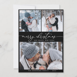 Christmas Black 3 Collage Multi Photo Holiday Card