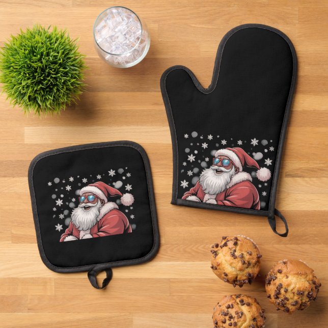 Christmas Black African American Santa Xmas  Oven Mitt & Pot Holder Set (Top Down)