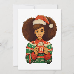 Christmas Black Afro Girl Xmas Santa Hat African Holiday Card