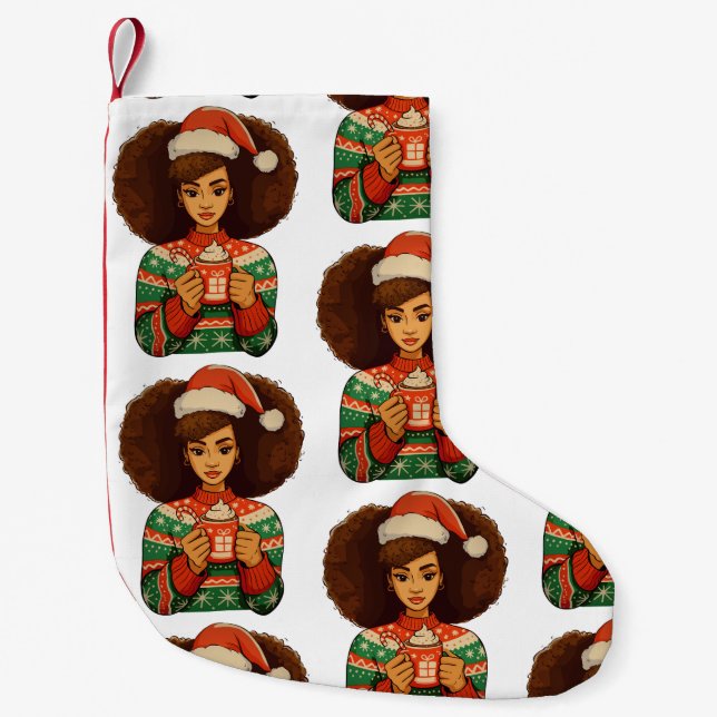 Christmas Black Afro Girl Xmas Santa Hat African Small Christmas Stocking (Front)