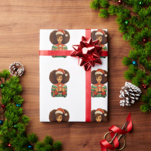 Christmas Black Afro Girl Xmas Santa Hat African Wrapping Paper