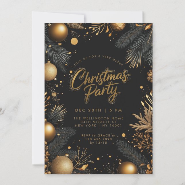 Christmas Black And Gold Baubles Holiday Party Invitation (Front)