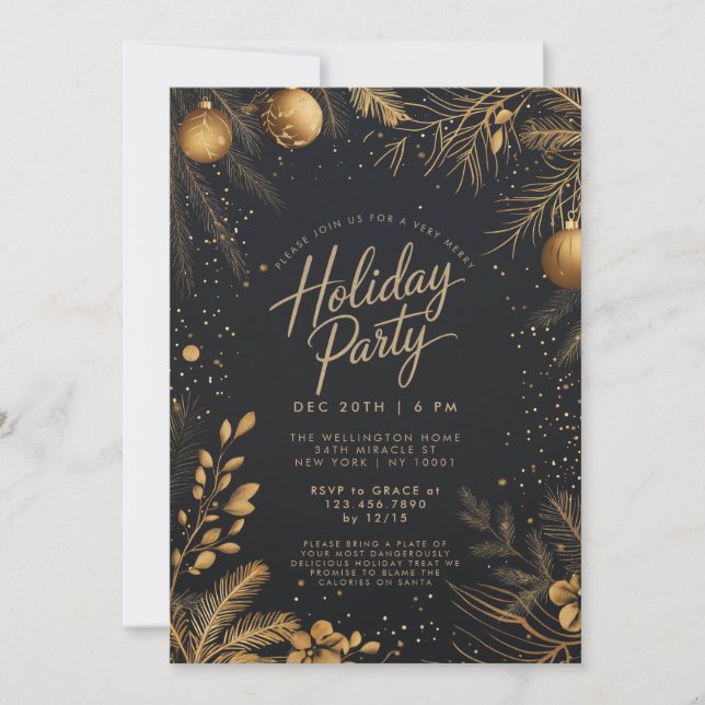 Christmas Black And Gold Elegant Holiday Party Invitation (Front)