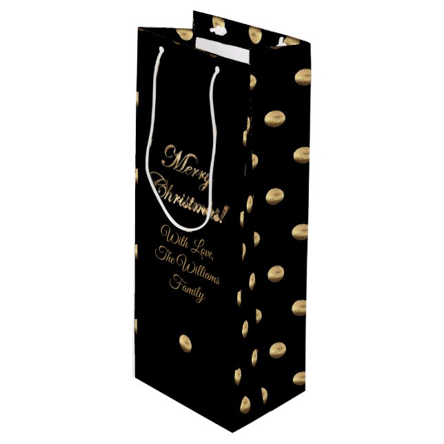 Christmas Black and Gold Polka Dots Pattern Wine Gift Bag (Front Angled)