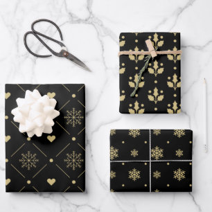 Christmas Black And Gold Snowflake Holly Pattern Wrapping Paper Sheet
