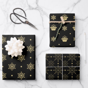Christmas Black And Gold Snowflake Pattern Wrapping Paper Sheet