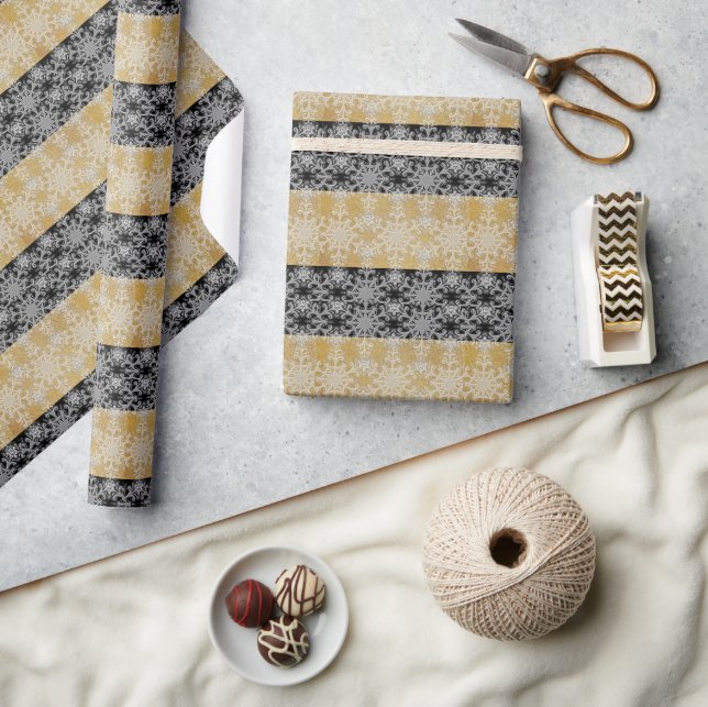 Christmas Black and Gold Snowflake  Wrapping Paper (Crafts)