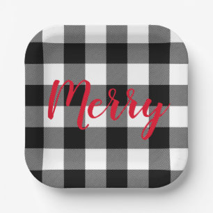 Christmas Black and White Buffalo Plaid Paper Plate
