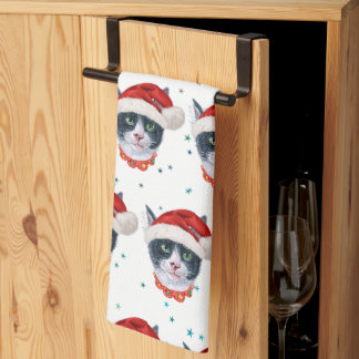 Christmas Black And White Cat Watercolor Tea Towel