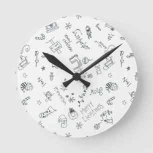 christmas black and white fun doodle round clock