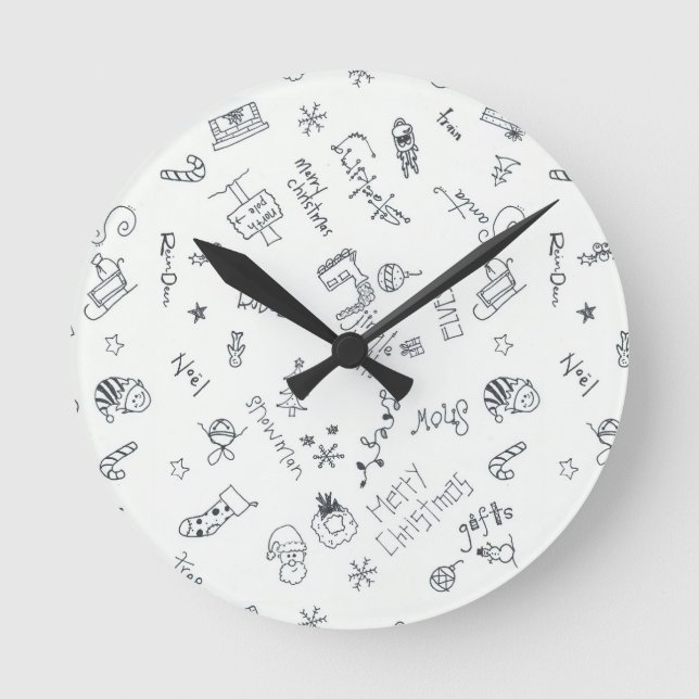 christmas black and white fun doodle round clock (Front)