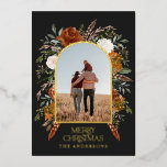 Christmas black arch floral photo elegant rustic foil holiday card<br><div class="desc">Natural cream,  black,  terracotta and sage green floral botanical elegant stag floral Merry Christmas holiday photo card. Real foil gold,  silver and rose gold typography detailing.</div>
