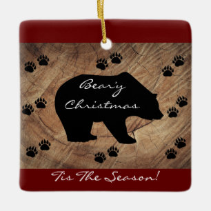 Christmas Black Bear and Bear Paws Ceramic Ornament