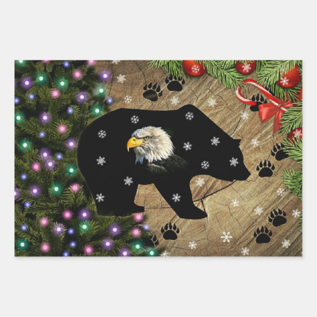Christmas Black Bear Bald Eagle Spirit Wrapping Paper Sheet (Front)