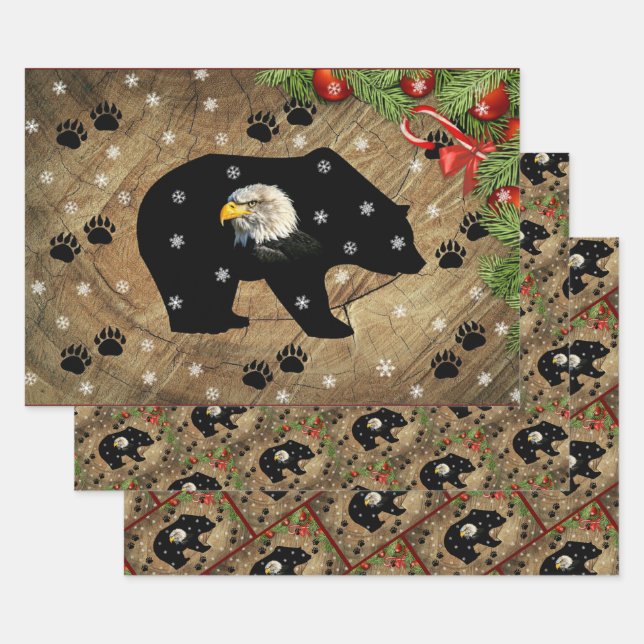 Christmas Black Bear Bald Eagle Wilderness  Wrapping Paper Sheet (Set)