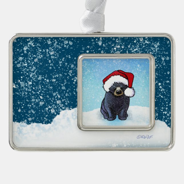 Christmas Black Bear Cub Silver Plated Framed Ornament (Front)