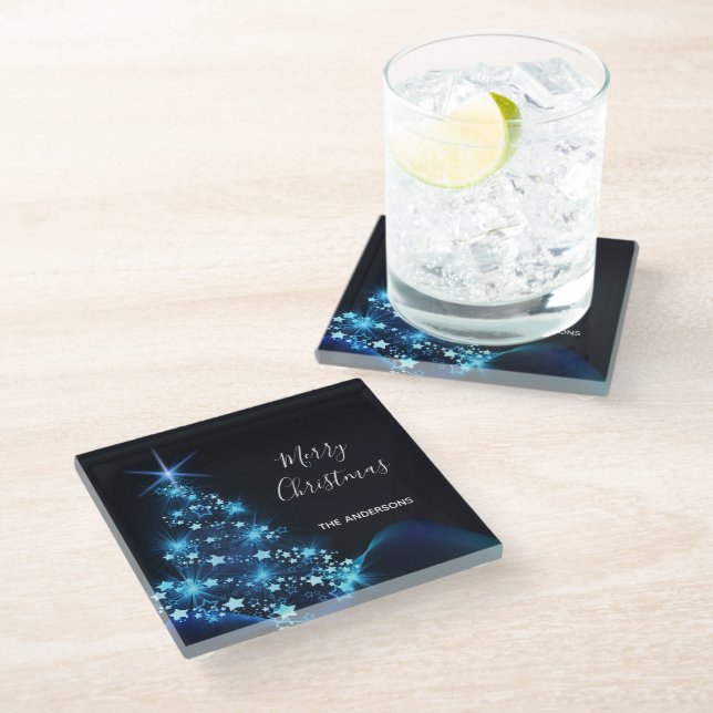 Christmas black blue modern shining tree name glass coaster (Angled)