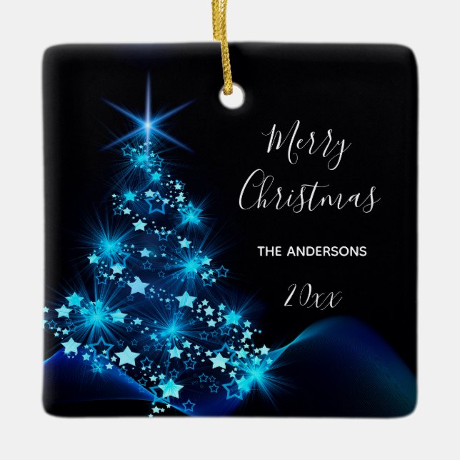Christmas black blue tree family name ceramic ornament (Front)