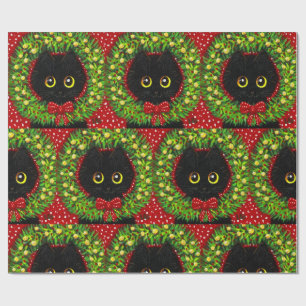 Christmas Black Cat Art Painting Wrapping Paper