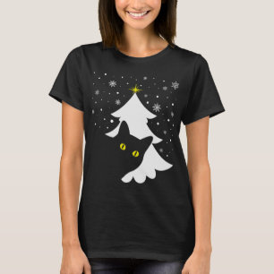 Christmas Black Cat Christmas Tree snow and stars  T-Shirt
